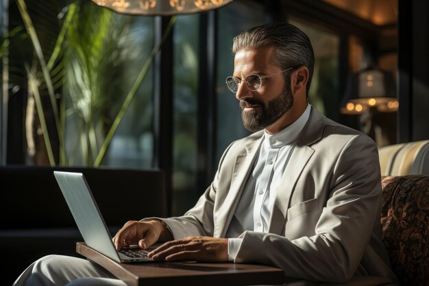 Lächelnder arabischer Geschäftsmann arbeitet an seinem Laptop