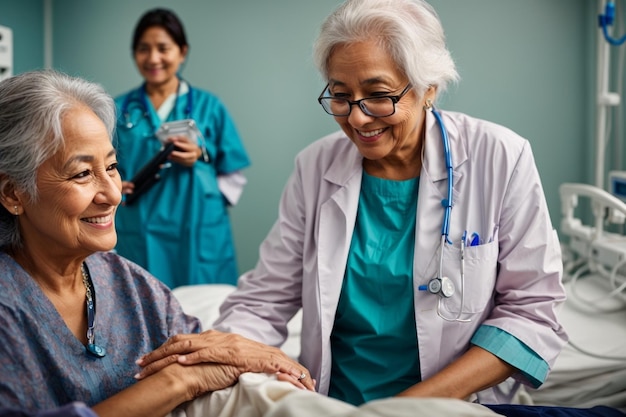 Lächelnder Arzt, der glücklichen älteren Patienten hilft