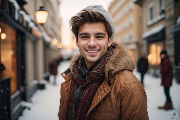 Lächelnder Arzt in warmen Kleidern vor dem schneebedeckten Straßenhintergrund