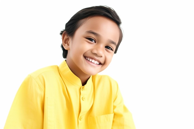 Lächelnder asiatischer Junge trägt gelbes Outfit vor weißem Hintergrund