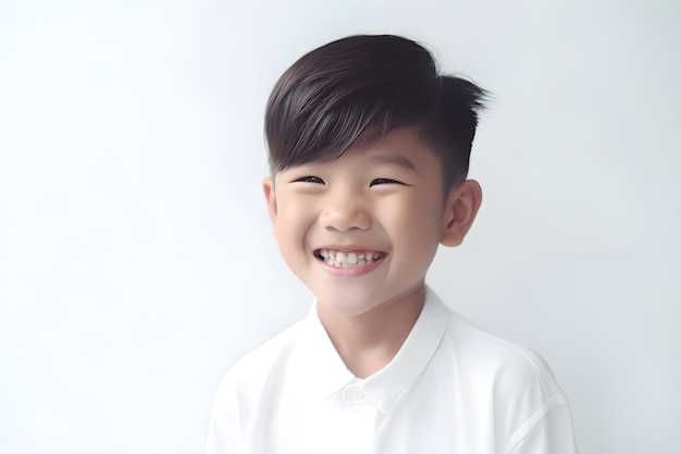 Lächelnder asiatischer Junge trägt weißes Outfit vor weißem Hintergrund