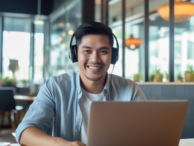 Lächelnder asiatischer männlicher Büroangestellter mit Kopfhörern vor dem Laptop arbeitet und telefoniert