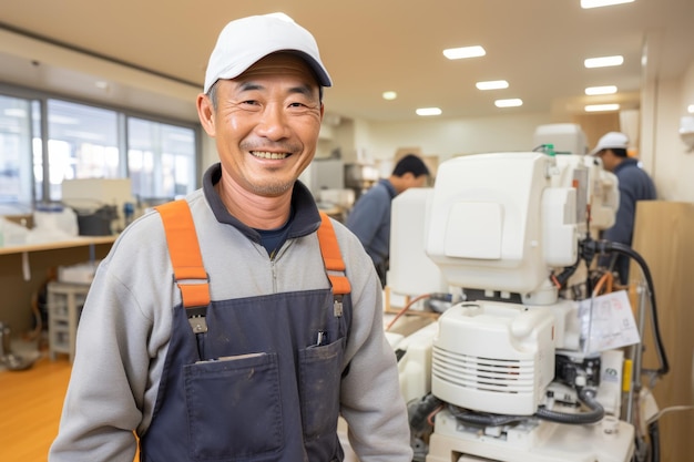 Lächelnder asiatischer Maler in Overall repariert im Büro und nimmt Bürogeräte heraus