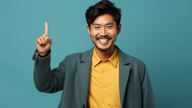 Lächelnder asiatischer Mann, der mit dem Finger zeigt, KI generiert