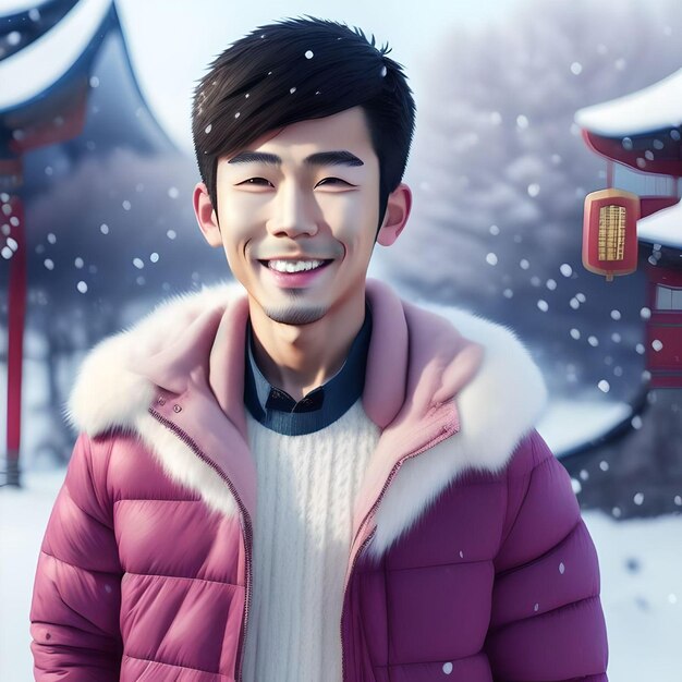 Lächelnder asiatischer Mann mit rosa Jacke während der Winterporträtillustration