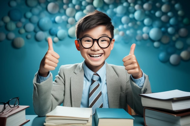lächelnder asiatischer Schuljunge in Schuluniform zeigt Daumen nach oben Finger auf blauem Hintergrund