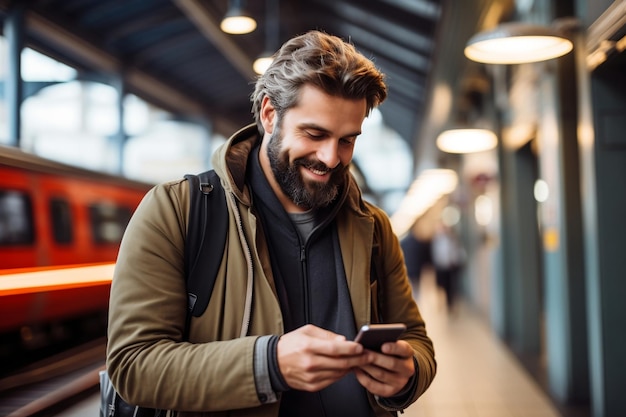 Lächelnder bärtiger Mann beschäftigt sich mit seinem Smartphone mit generativer KI