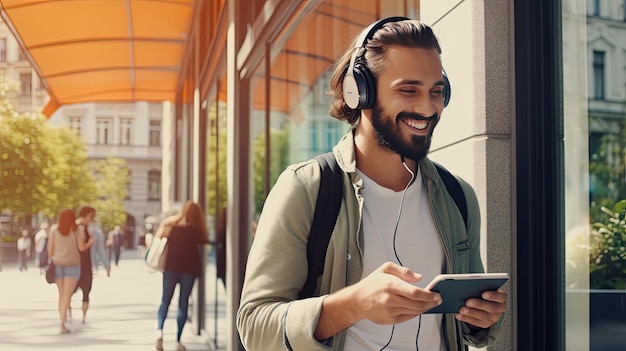 Lächelnder bärtiger Mann, der über drahtlose Kopfhörer Musik hört