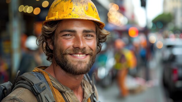Lächelnder Bauarbeiter mit Helm im Freien