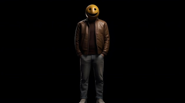 Lächelnder Charakter in Lederjacke mit einem Smiley-Gesicht auf dunklem Hintergrund im Filmplakatstil