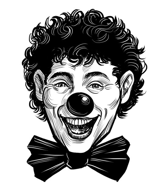 Lächelnder Clownkopf. Handgezeichnete Schwarz-Weiß-Illustration im Retro-Stil