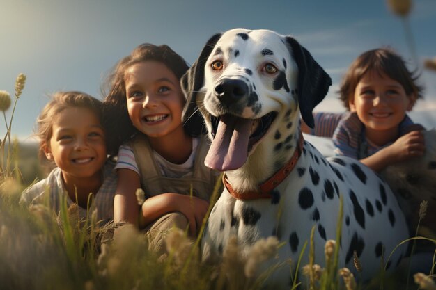 Foto lächelnder dalmatiner umgeben von kindern generativ ai