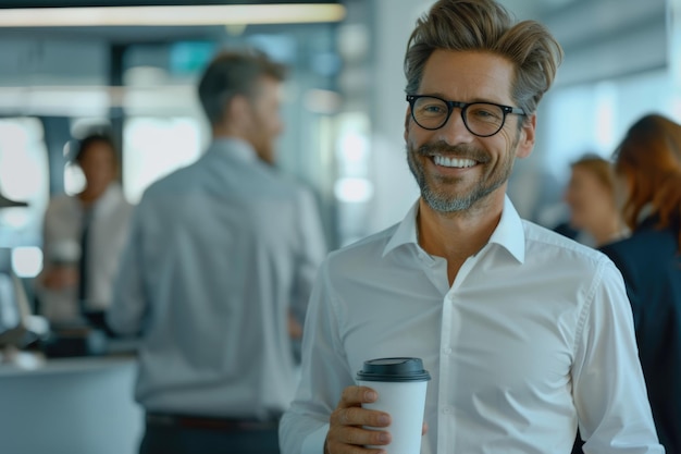 Foto lächelnder geschäftsmann hält eine kaffeetasse und spricht mit kollegen im büro