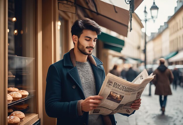 Lächelnder Geschäftsmann liest eine Zeitung