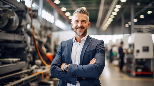 Foto lächelnder geschäftsmann steht neben einer modernen maschine in der industrie