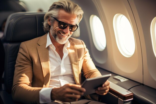 Lächelnder glücklicher Geschäftsmann fliegt und arbeitet in einem Flugzeug in erster Klasse Generative KI