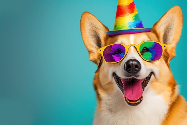 Lächelnder Hund mit Regenbogenbrille, LGBT-Pride-Parade, generative KI