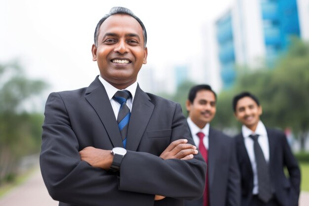 Lächelnder indischer Geschäftsmann, der draußen mit Kollegen steht, die mit generativer KI erstellt wurden