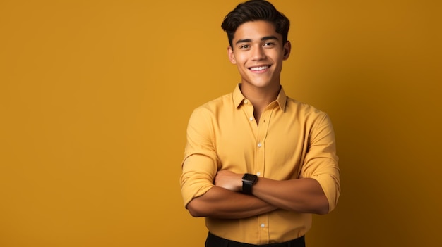Lächelnder jugendlicher Latino-Mann mit braunem, glattem Haar, Fotoporträt einer Geschäftsperson auf solidem Hintergrund, fotorealistische, KI-generierte horizontale Illustration