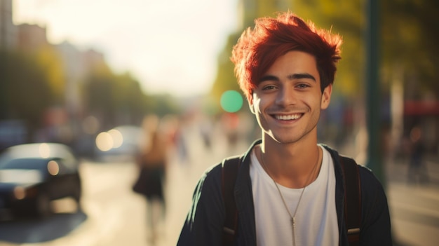 Lächelnder jugendlicher persischer Mann mit rotem glattem Haarfoto