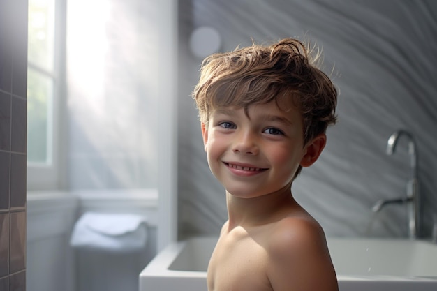 Lächelnder Junge duscht morgens in einem weißen Badezimmer