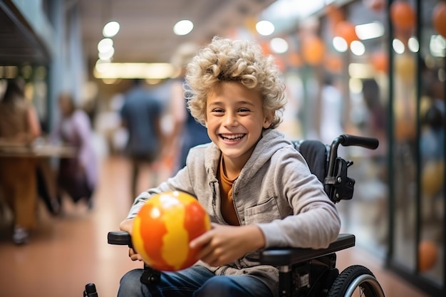 Lächelnder Junge im Rollstuhl Generative KI