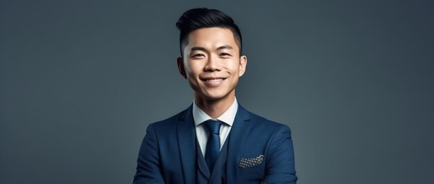 Lächelnder junger asiatischer Geschäftsmann mit verschränkten Armen im blauen Studio isolierten Hintergrund