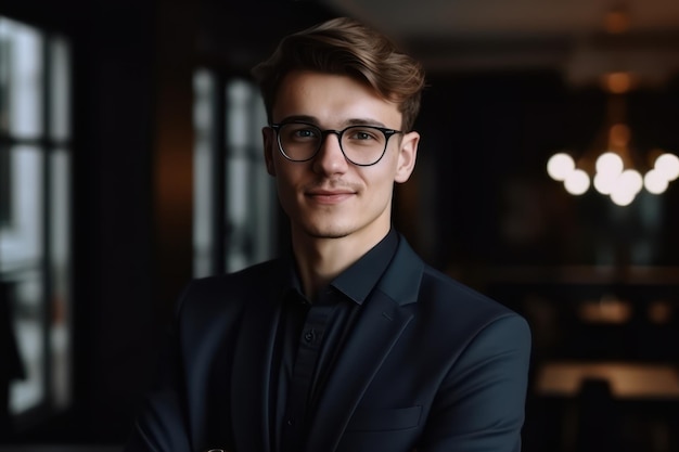 Lächelnder junger kaukasischer Geschäftsmann mit Brille steht im modernen Büro und zeigt Selbstvertrauen und Motivation bei der Arbeit. Glücklicher tausendjähriger europäischer männlicher CEO, der am Arbeitsplatz als Führungserfolgskonzept posiert