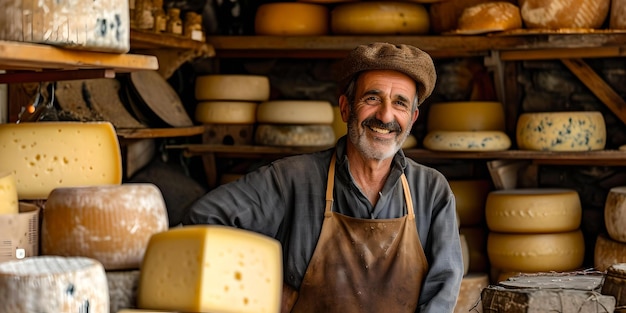 Lächelnder Käsebauer in seinem Laden, umgeben von handwerklichen Käsesorten Porträt eines freudigen Handwerksmanns in einer rustikalen Umgebung KI