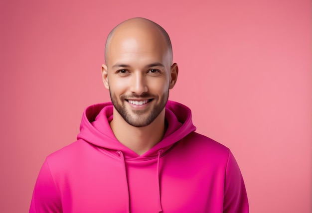 Lächelnder kahlköpfiger Mann mit Bart, der einen leuchtend rosa Hoodie gegen einen rosa Hintergrund trägt, der den Modus verkörpert