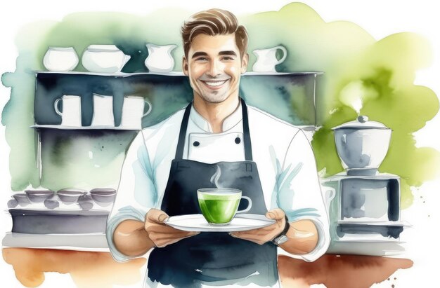 lächelnder kaukasischer männlicher Barista mit einer Tasse japanischen Matcha-Tee auf einem Tablett Aquarell-Illustration