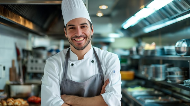 Lächelnder Koch in der Küche eines Restaurants Porträt eines Chefs in Uniform bei der Küche