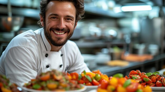 Foto lächelnder koch mit einem gericht mit frischem salat in einer professionellen küche