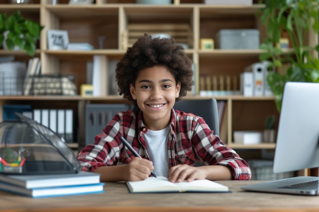Lächelnder Latein-Junge studiert mit Laptop-Computer Teenager sitzt an seinem Schreibtisch und schreibt in ein Notizbuch