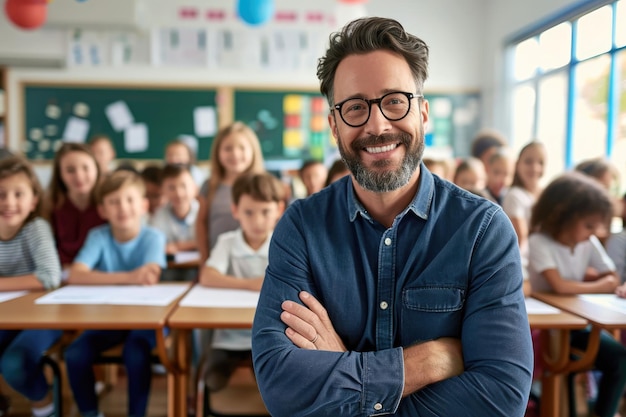 Lächelnder Lehrer in einer Grundschulklasse mit Schülern im Hintergrund