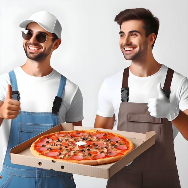 Foto lächelnder liefermann in roter uniform präsentiert eine pepperoni-pizza und gibt einen daumen hoch