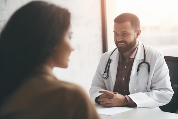 Lächelnder männlicher Arzt in weißem Mantel und Stethoskop spricht mit einer Patientin