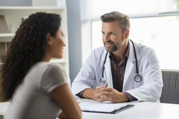 Lächelnder männlicher Arzt spricht mit einer weiblichen Patientin in seinem Büro