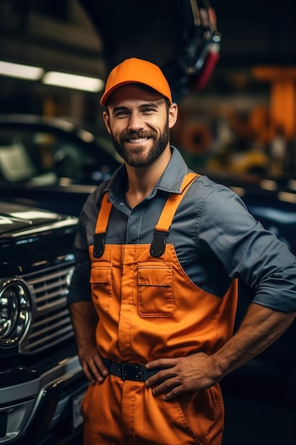 Lächelnder männlicher Automechaniker in orangefarbener Uniform und Hut mit Schraubenschlüssel, der neben dem Auto steht