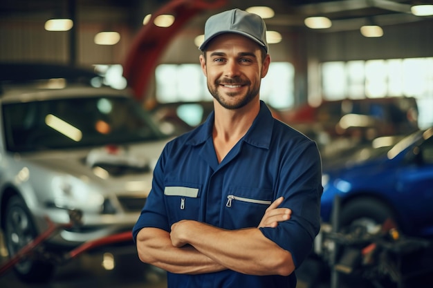 Lächelnder männlicher Automechaniker in Uniform und Hut mit Schraubenschlüssel, der neben dem Auto steht