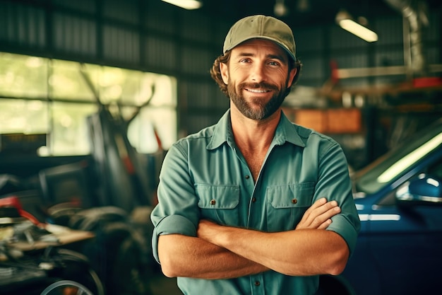 Lächelnder männlicher Automechaniker in Uniform und Hut mit Schraubenschlüssel, der neben dem Auto steht