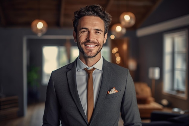 Lächelnder männlicher Immobilienmakler im Anzug steht im neuen Zuhause mit generativer KI