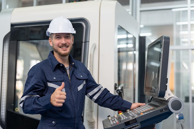 Lächelnder männlicher Ingenieur bedient eine CNC-Maschine in einer Fabrik