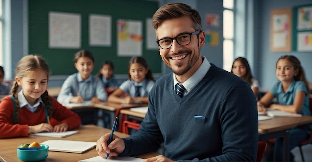 Lächelnder männlicher Lehrer in der Grundschulklasse, Schüler, die im Hintergrund lernen