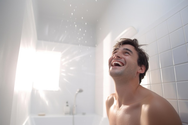 Lächelnder Mann duscht morgens in einem weißen Badezimmer