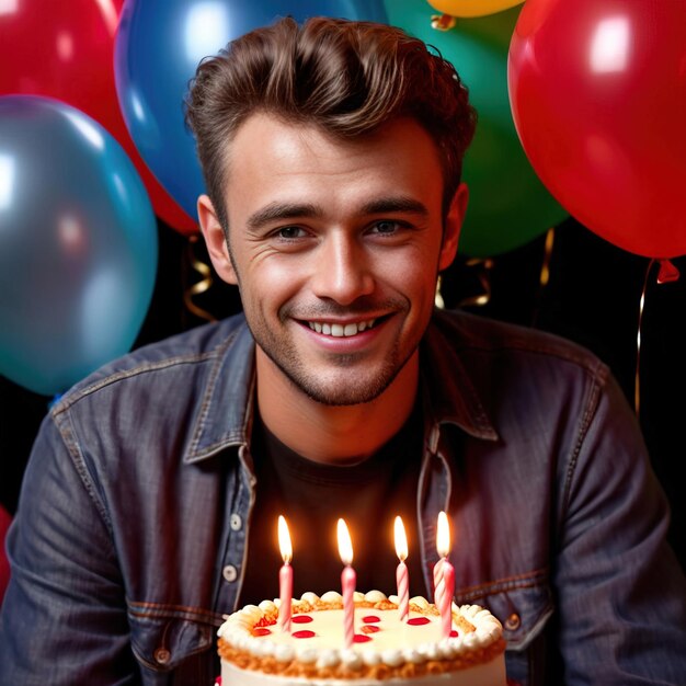 Lächelnder Mann feiert Geburtstag mit Kuchen und Ballons