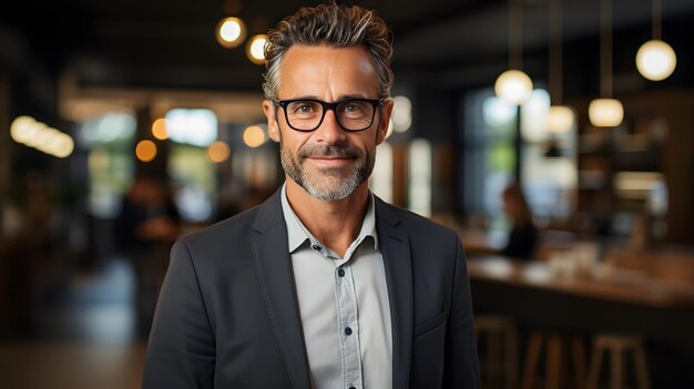 Lächelnder Mann in Anzug und Brille steht in einem Restaurant Generative KI