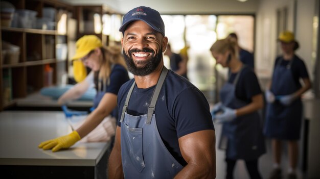 Lächelnder Mann in Reinigungsuniform mit Kollegen im Hintergrund, der auf ein professionelles Reinigungsteam bei der Arbeit hinweist