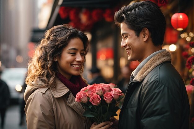 Lächelnder Mann schenkt einer Frau am Valentinstag Blumen