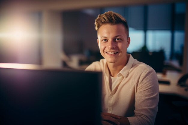 Lächelnder Mann sitzt an einem Schreibtisch mit einem Laptop mit generativer KI